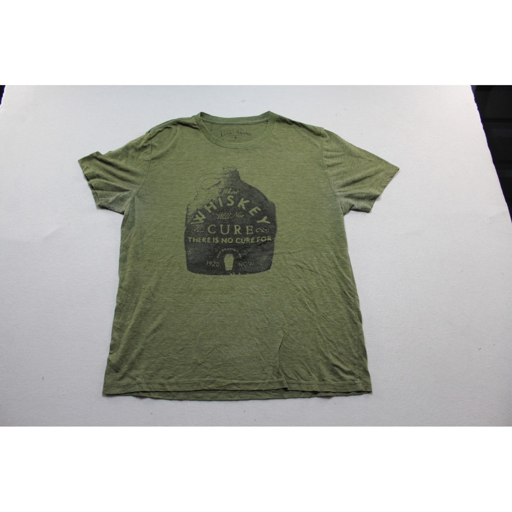 Lucky Brand T-Shirt Mens Large Green Excellent Whiskey Graphic Tee Short Sleeve